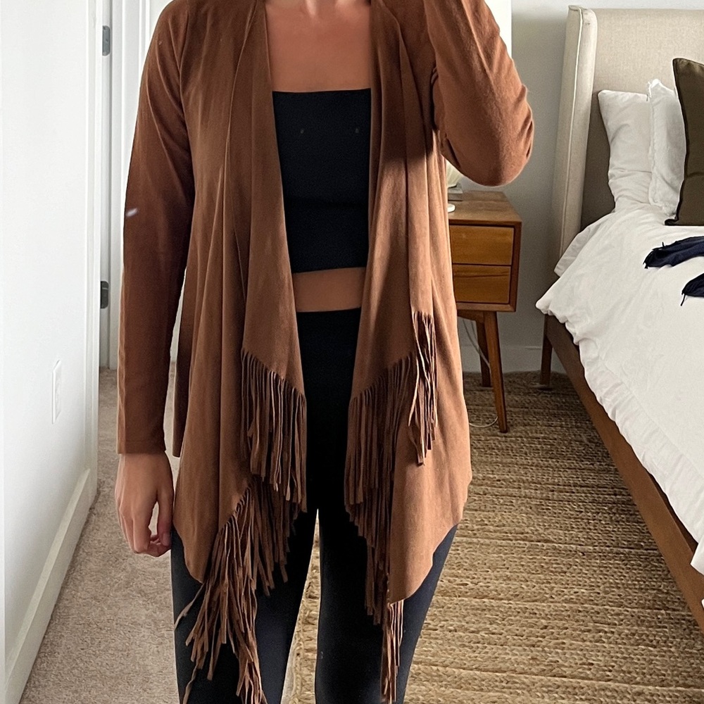 Brown suede fringe cardigan sweater